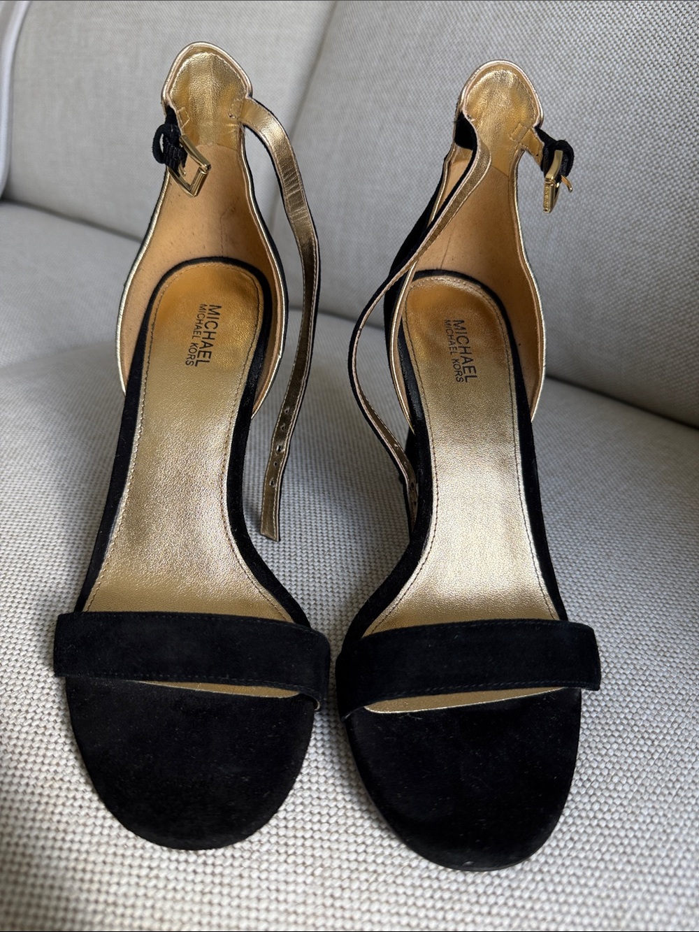 MICHAEL Michael Kors Black Suede Open-Toe Ankle Strap Heels with Gold Interior
